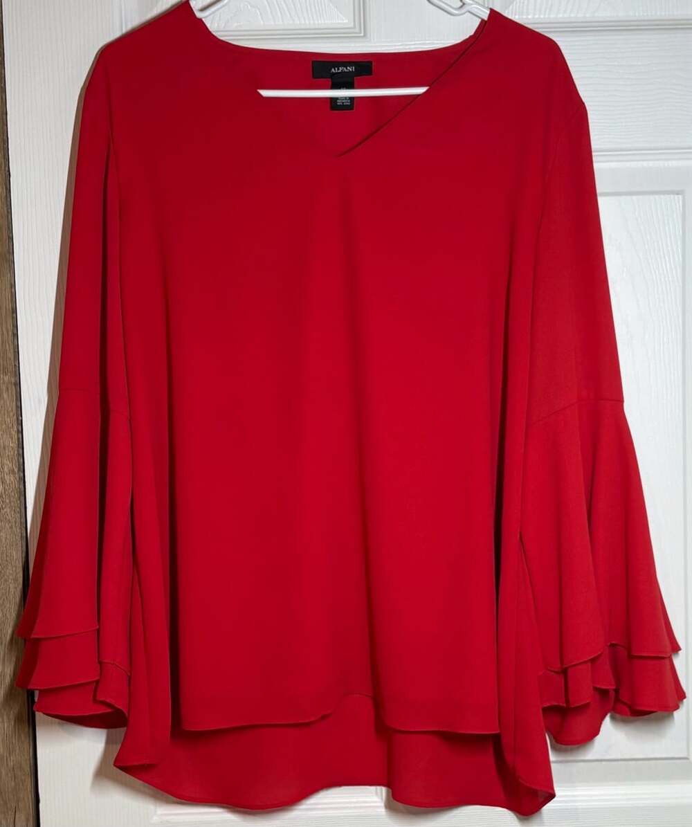 Red V-Neck Blouse With Ruffle Sleeves Size 14